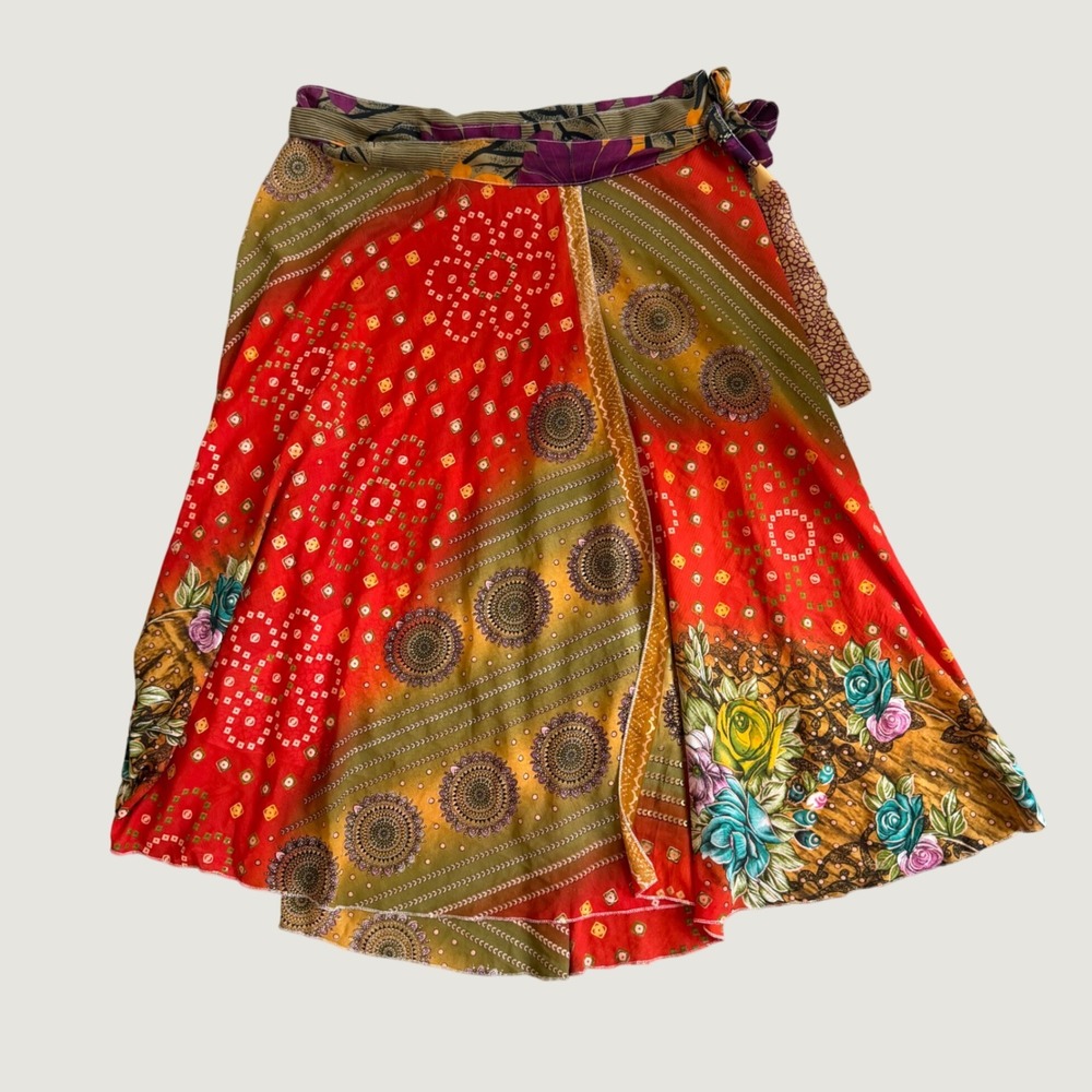 Adjustable Reversible Sari Wrap Skirt OS Boho Silk Blend Floral Multi Color